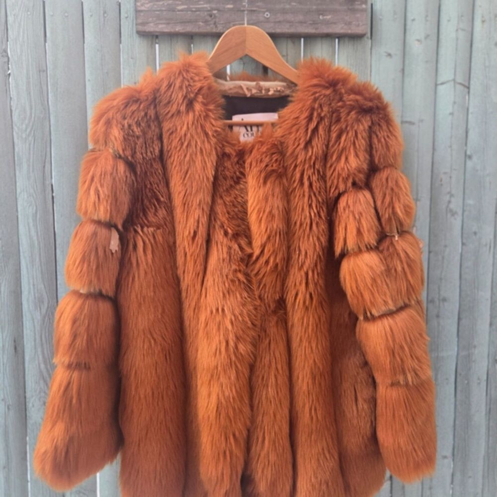 Amo Couture Rust Orange Faux Fur Coat Fits S/M | Statement Jacket Repair Needed